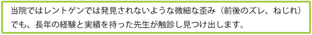 当院ではレントゲンでは発見されないような微細な歪み(前後のズレ、ねじれ)でも、長年の経験と実績を持った先生が触診し見つけ出します。